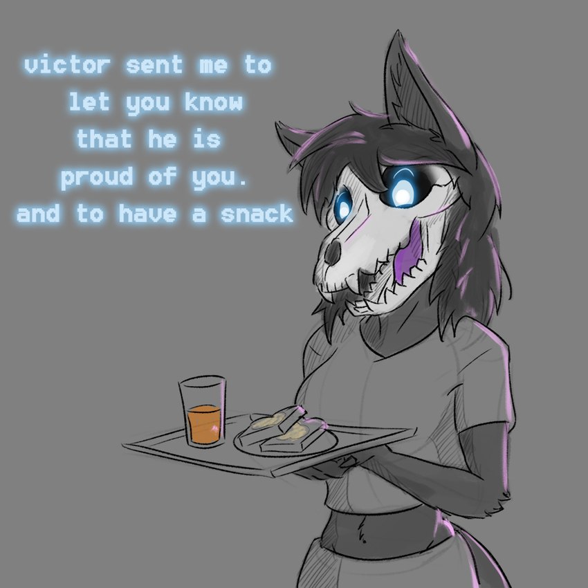 anthro beverage bone bread breakfast claws dialogue female food grey_background juice_(beverage) orange_juice simple_background skull skull_head solo text toast tray victordantes scp_foundation marsh_(marshthemalo) scp-1471-a canid canine canis malo mammal wolf 1:1 english_text