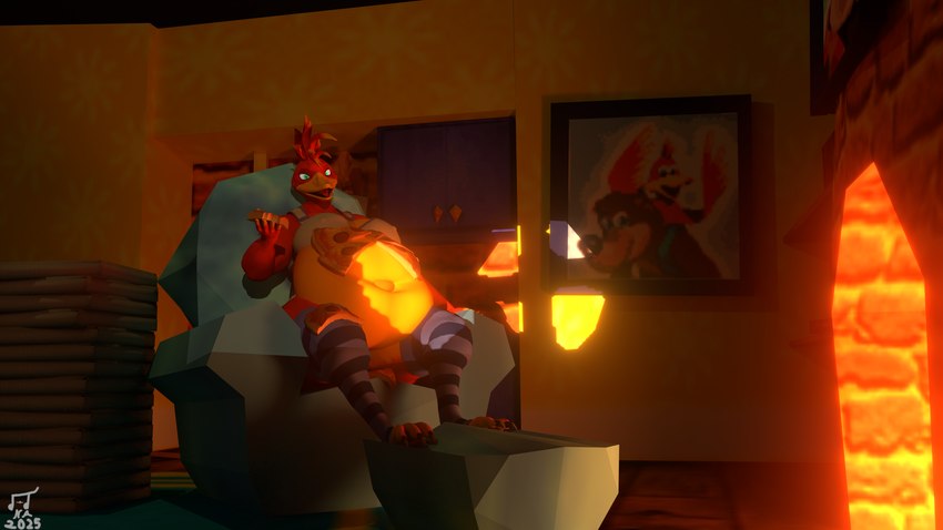 afternoon anthro belly big_belly bra chair clothing female fireplace food food_on_belly food_on_body footwear furniture holding_food holding_object obese obese_anthro on_chair overweight overweight_anthro pizza sitting sitting_on_chair socks solo underwear rayana_rezaque warfaremachine_(modeler) banjo-kazooie rareware banjo_(banjo-kazooie) kazooie 16:9 2025 3d_(artwork) blender_(artwork) digital_media_(artwork) hi_res widescreen