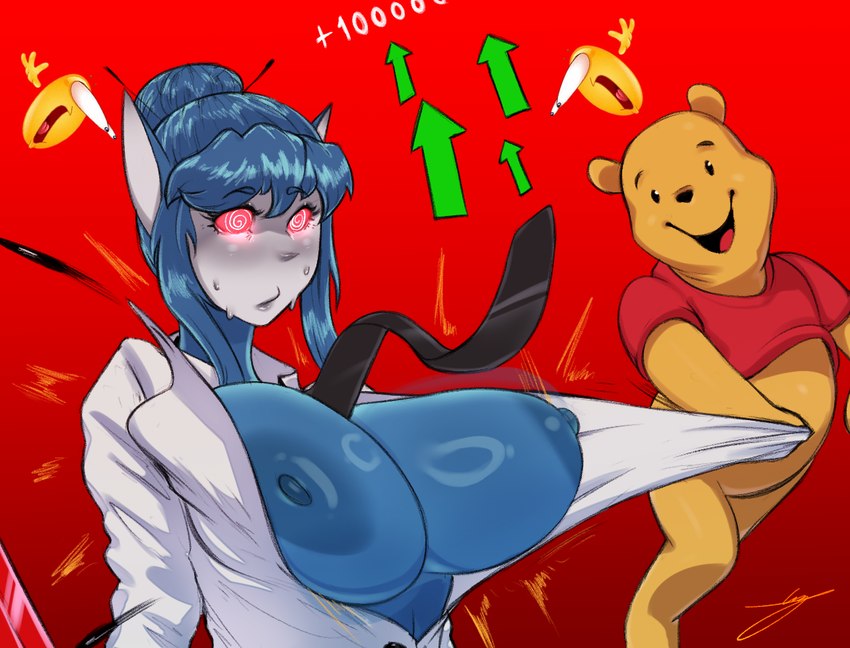 anthro big_breasts black_eyes blue_body blue_fur blue_hair bodily_fluids breast_squish breasts button_(fastener) button_pop china clothing clothing_pull dot_eyes dress_shirt duo exposed_breasts female fur hair humanoid_pointy_ears humor male male/female necktie nipples open_mouth open_smile red_background shirt shirt_pull simple_background smile social_credit_score squish sweat topwear topwear_pull wardrobe_malfunction yellow_body yellow_fur hb-viper disney slendytubbies teletubbies winnie_the_pooh_(franchise) fan_character pooh_bear bear humanoid mammal teletubby 2023 digital_drawing_(artwork) digital_media_(artwork) signature