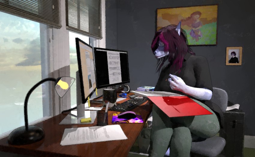 anthro casual_wear chair computer desk electronics eyewear female furniture glasses inside notebook office office_chair solo student studying table perturbedmania natalie_whitlow canid canine canis domestic_dog hybrid jackal mammal mouse murid murine rodent 3d_(artwork) collage_(artwork) daz_studio_(artwork) digital_media_(artwork) hi_res