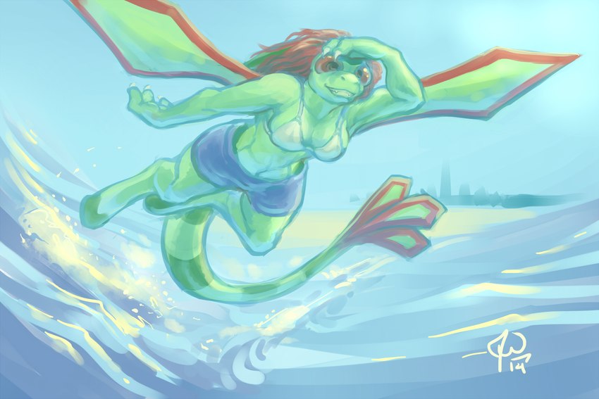 after_transformation antennae_(anatomy) anthro beach bikini bikini_top bottomwear breasts city city_background claws cleavage clothed clothing female fin flying hair insect_wings medium_breasts non-mammal_breasts outside pokemorph red_hair sea shorts smile solo swimwear tail tail_fin two-piece_swimsuit water wings amber-aria nintendo pokemon flygon generation_3_pokemon pokemon_(species) 3:2 signature