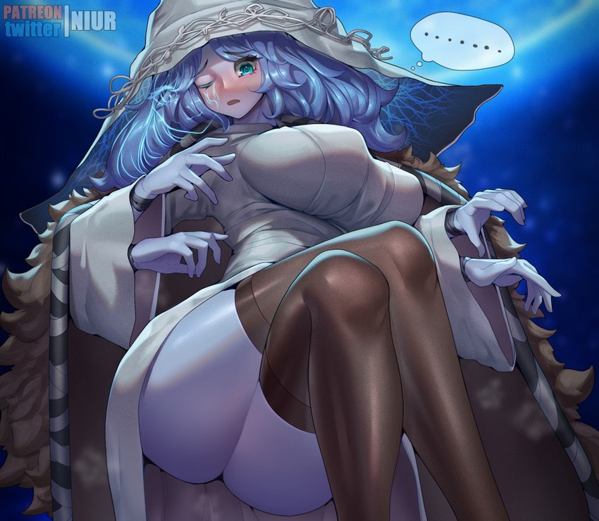 2_faces 4_arms bent_legs big_breasts black_clothing black_legwear black_thigh_highs blue_body blue_eyes blue_hair blue_skin blush breasts butt clothed clothing crossed_legs doll ellipsis female hair hat headgear headwear huge_breasts leg_over_thigh legwear messy_hair moon multi_arm multi_face multi_limb one_eye_closed robe skindentation solo thick_thighs thigh_highs white_clothing white_hat white_headwear witch_hat niur elden_ring fromsoftware ranni_the_witch animate_inanimate humanoid living_doll digital_media_(artwork)