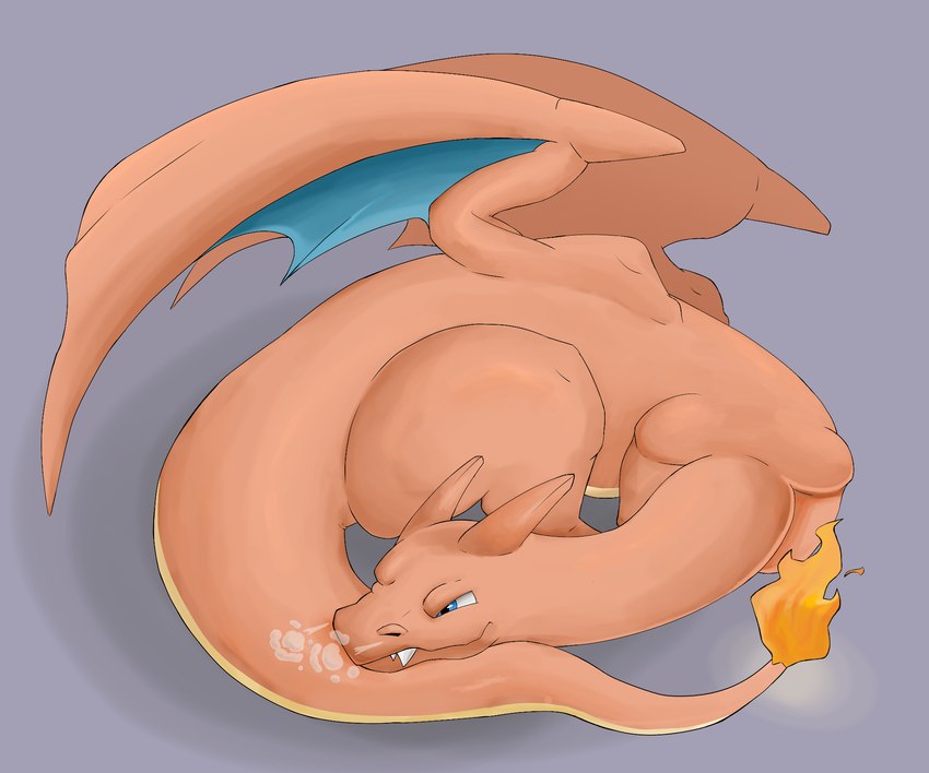 ambiguous_gender curled_up feral fire membrane_(anatomy) nose_steam orange_body simple_background smile solo tail wings exxperient mythology nintendo pokemon charizard dragon generation_1_pokemon mythological_creature mythological_scalie pokemon_(species) scalie digital_media_(artwork) hi_res