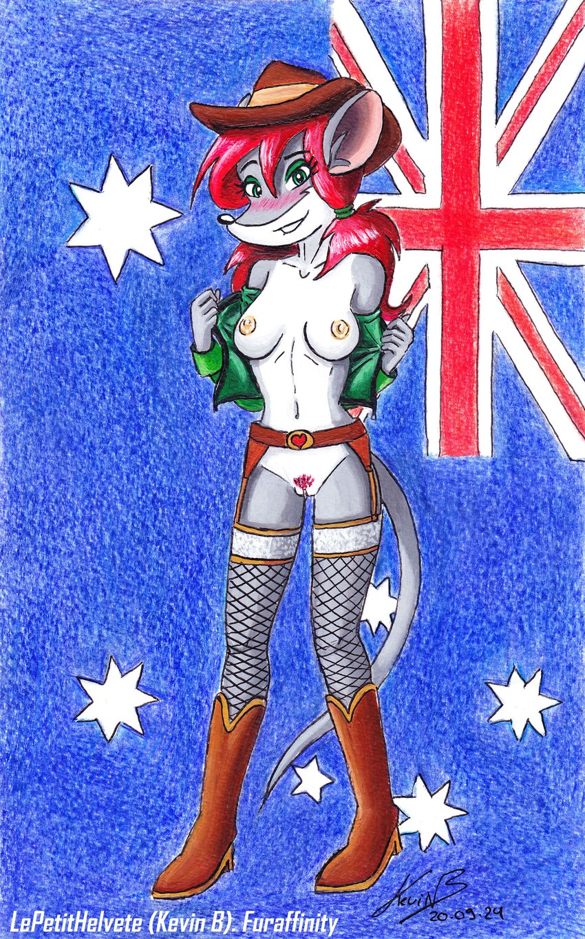 anthro australian australian_flag belt blush blush_lines boots breasts brown_boots brown_clothing brown_footwear clothed clothing cowboy_hat cowgirl_boots cowgirl_outfit female footwear fur green_clothing green_eyes green_topwear grey_body grey_fur hair hat headgear headwear lingerie naughty_face nipples nude nude_female pubes red_hair red_pubes shoes solo topwear white_body white_fur leptitsuisse1912_(lepetithelvete) geronimo_stilton_(series) thea_sisters nicky_(thea_sisters) mammal mouse murid murine rat rodent absurd_res acrylic_painting_(artwork) colored_pencil_(artwork) hi_res traditional_media_(artwork)