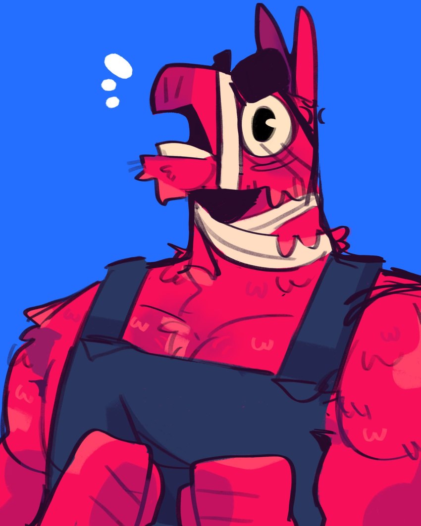 anthro bandaged_neck big_eyes black_eyebrows blue_background bulletproof_vest ears_up eye_patch eyebrows eyewear fur male muscular muscular_male open_mouth pecs pinata pink_body pink_fur pose simple_background solo teeth tufted_fur wool_(fur) wraps scraffyraccoon epic_games fortnite lt._john_llama animate_inanimate camelid living_pinata llama mammal 2022 hi_res pinup