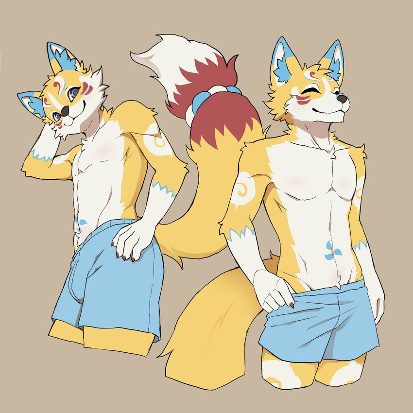 anthro bottomwear clothing eyes_closed male multiple_poses pose shorts simple_background solo kurarifox kurari_(deruu) canid canine fox mammal 1:1 hi_res