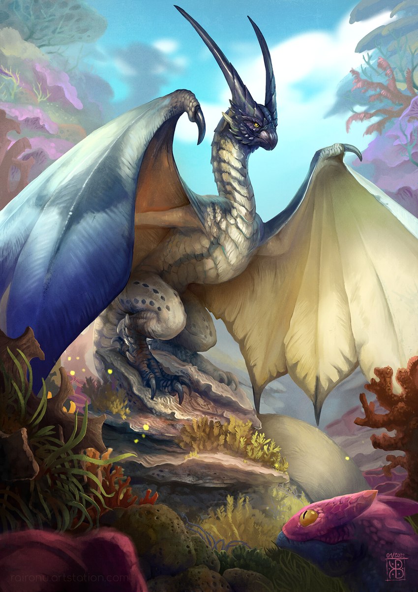 ambiguous_gender beak blue_body blue_membrane blue_scales blurred_background claws cloud day duo feral horn long_neck membrane_(anatomy) membranous_wings outside perching plant rock scales sky solo_focus tan_body tan_scales text toe_claws tree wing_claws wings yellow_eyes raironu capcom european_mythology monster_hunter mythology dragon fanged_wyvern flying_wyvern legiana mythological_creature mythological_scalie scalie shamos western_dragon wyvern hi_res shaded signature url