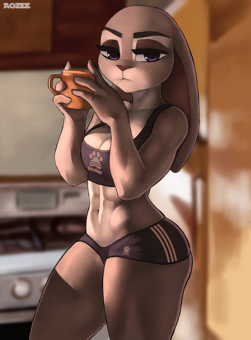 abs anthro asian_clothing athletic athletic_anthro athletic_female beverage bottomwear bra breasts bun_huggers buruma cleavage clothed clothing coffee east_asian_clothing eyelashes female fur grey_body grey_fur half-closed_eyes hotpants inside japanese_clothing kitchen long_ears looking_at_viewer minishorts muscular muscular_thighs narrowed_eyes purple_eyes shorts solo sports_bra sports_panties standing text text_on_bra text_on_clothing text_on_sports_bra text_on_underwear thick_thighs underwear aozee disney zootopia judy_hopps lagomorph leporid mammal rabbit digital_media_(artwork) hi_res shaded