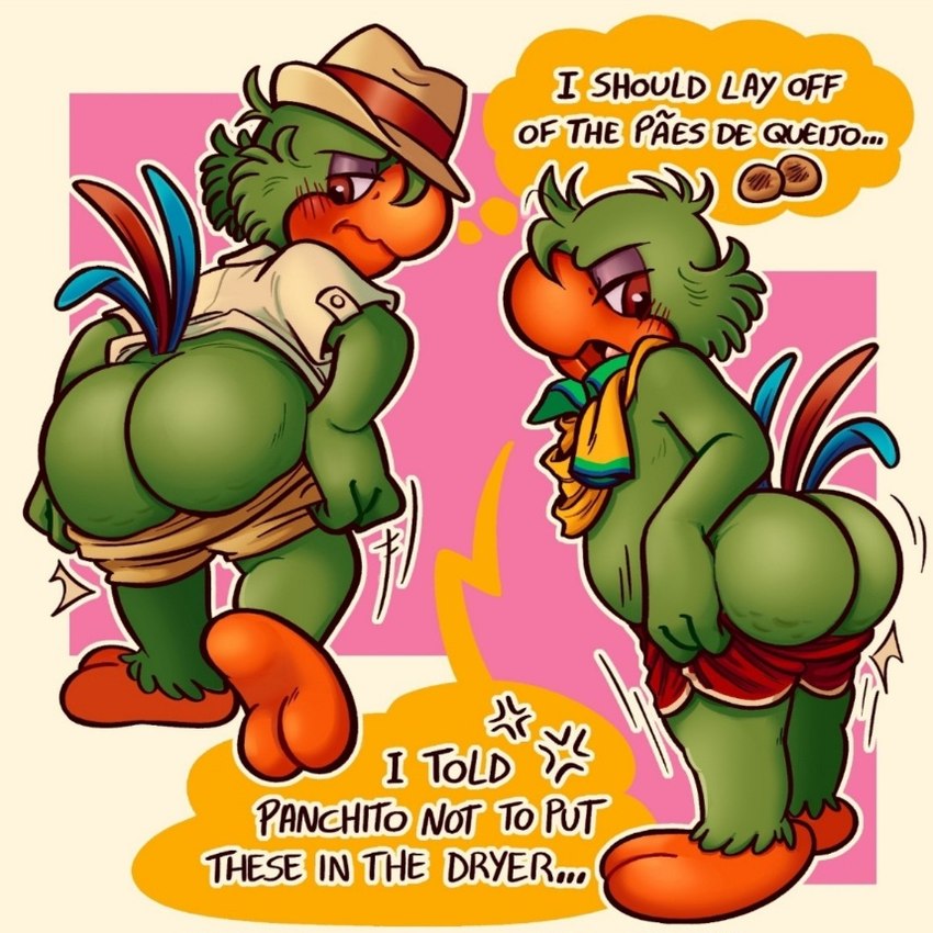 annoyed anthro avian_feet big_butt blush blush_lines bottomwear bottomwear_down butt cellulite clothed clothing cutaway embarrassed exposed_butt huge_butt male pants pants_down partially_clothed slightly_chubby solo ze_carioca polisena disney the_three_caballeros jose_carioca avian bird parrot 1:1