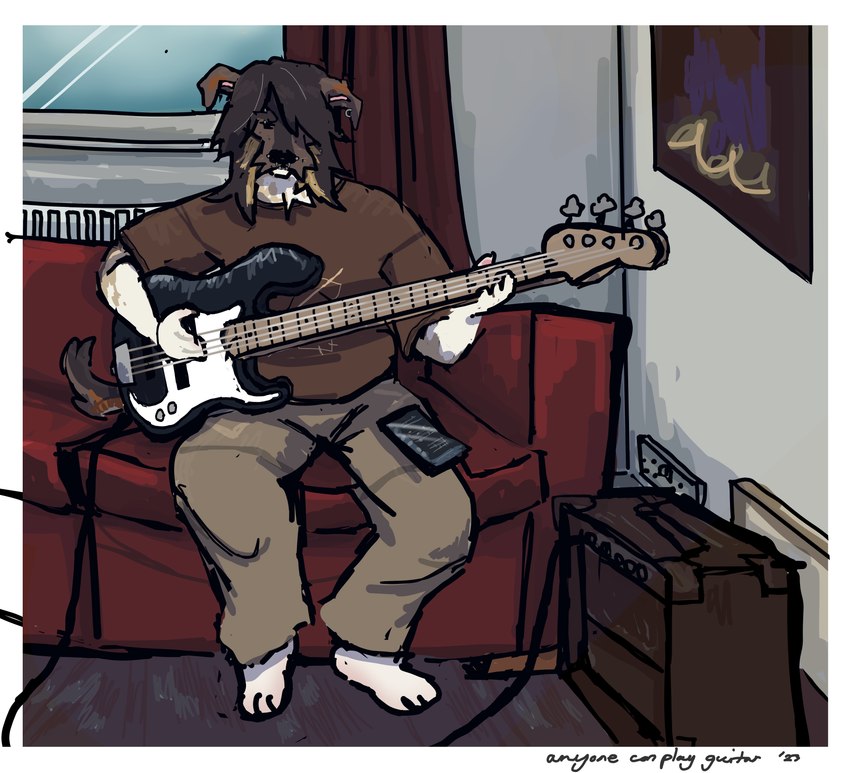 3_toes 4_fingers anthro barefoot bass_guitar black_guitar black_nose border bottomwear brown_body brown_bottomwear brown_clothing brown_fur brown_hair brown_pants brown_shirt brown_t-shirt brown_tail brown_topwear cellphone clothing electronics feet fingers floppy_ears fluffy fluffy_tail fur furniture grey_wall guitar guitar_amp hair heater inside long_hair male multicolored_body multicolored_fur musical_instrument pants phone playing_guitar playing_music plucked_string_instrument poster red_curtain red_sofa shirt sitting sofa solo string_instrument t-shirt tail text toes topwear wall_(structure) white_body white_border white_fur window flockdog bill_(flockdog) canid canine canis domestic_dog fox_terrier hunting_dog mammal terrier 2023 absurd_res colored digital_drawing_(artwork) digital_media_(artwork) english_text hi_res shaded nonbinary_(lore) trans_(lore) trans_man_(lore)