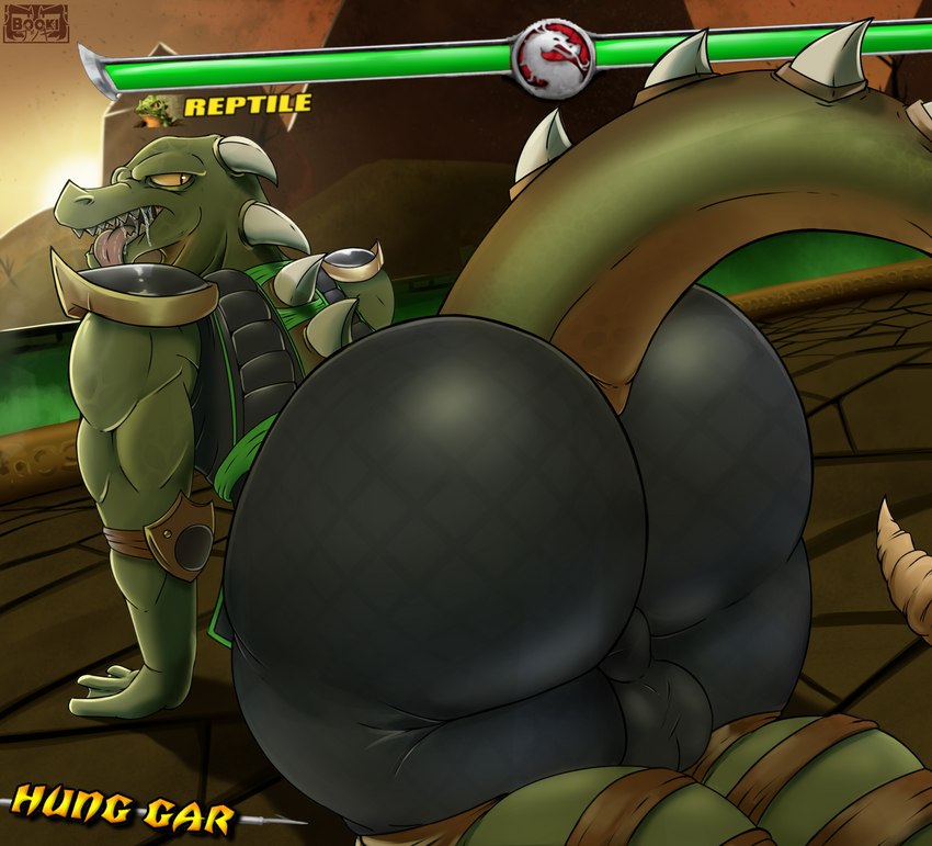 anthro black_bottomwear black_clothing black_pants bottomwear butt clothing gameplay_mechanics green_body looking_back male pants presenting presenting_hindquarters raised_tail tail tongue tongue_out el_booki mortal_kombat reptile_(mortal_kombat) scalie absurd_res hi_res