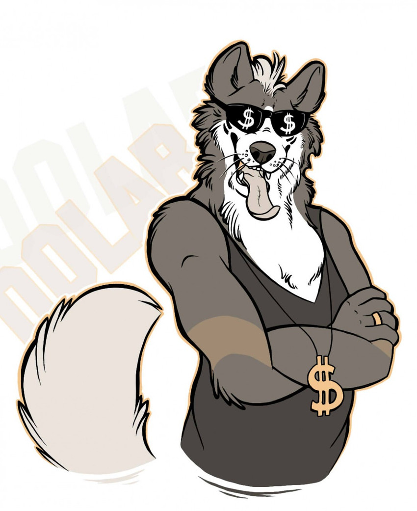 anthro clothing crossed_arms currency_symbol dollar_sign eyewear freckles hair jewelry male necklace pendant ring shirt simple_background solo sunglasses symbol tank_top teeth text tongue tongue_out topwear whiskers white_background memburu dolar_(character) canid canine canis domestic_dog mammal 2014 hi_res