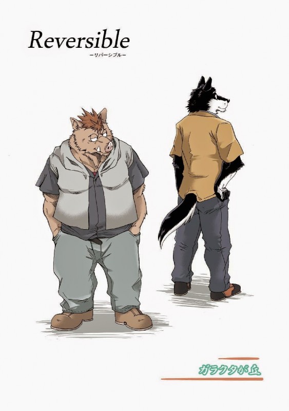 anthro clothed clothing male male/male reversible simple_background white_background kumagaya_shin inose_(kumagaya_shin) kuro_(kumagaya_shin) canid canine canis mammal suid suina sus_(pig) wild_boar wolf comic cover cover_art cover_page digital_media_(artwork) hi_res