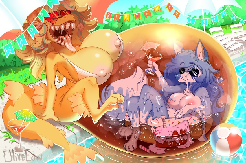 alcohol anthro anthro_pred ball banner beach_ball belly beverage big_belly big_breasts bikini bikini_aside bikini_top birthday bodily_fluids breasts cake clothing clothing_aside cocktail cocktail_glass container cup dessert detailed_background digestion doughnut drinking_glass duo eyewear female female/female female_pred food food_in_stomach glass glass_container glass_cup glasses grass heart_glasses huge_belly huge_breasts hyper hyper_belly inflatable inside_stomach internal melting mouth_shot nipples open_mouth organs pastry plant pool pool_chair poolside relaxing shark_tail sitting smile stomach stomach_acid sunglasses swimwear swimwear_aside text tongue tree two-piece_swimsuit uvula vore water olive_cow misty_(erikaispanlol) roosie_(walroose) canid canine canis equid equine horse hybrid mammal pony wolf 2023 absurd_res digital_media_(artwork) english_text hi_res watermark