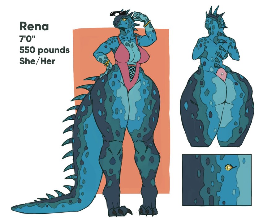 anthro bracelet breasts butt claws clothed clothing eyewear female height jewelry pronouns simple_background solo spines sunglasses tail thick_thighs yellow_eyes zed-s rena_(zed-s) blue_iguana iguana iguanid lizard reptile scalie digital_media_(artwork) hi_res