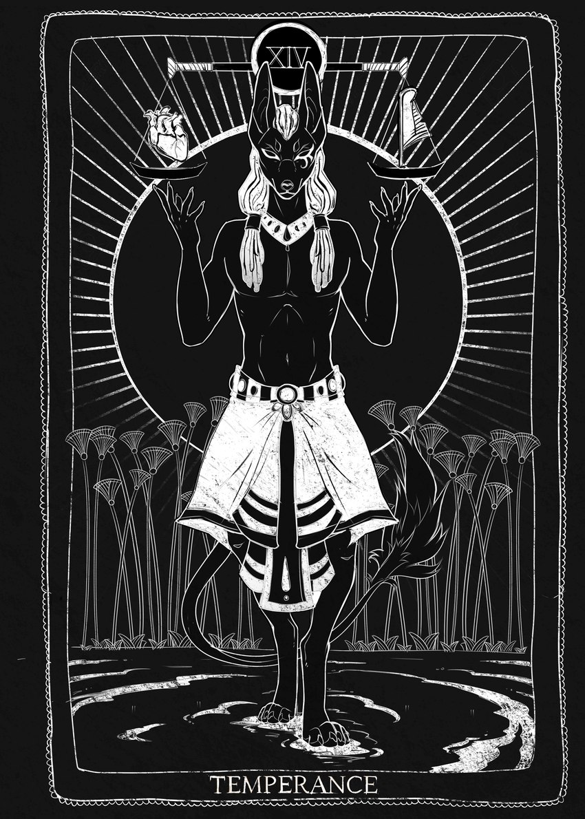 anthro big_ears black_body bottomwear card card_template clothed clothing collar dreadlocks egyptian eye_markings feathers fortune_telling heart_(organ) loincloth major_arcana male markings neckwear organs solo tail tail_tuft tarot tarot_card temperance_(tarot) tuft weighing_scale canis_infernalis shado_(shadoclawx) anubian_jackal canid canine canis jackal mammal greyscale hi_res monochrome