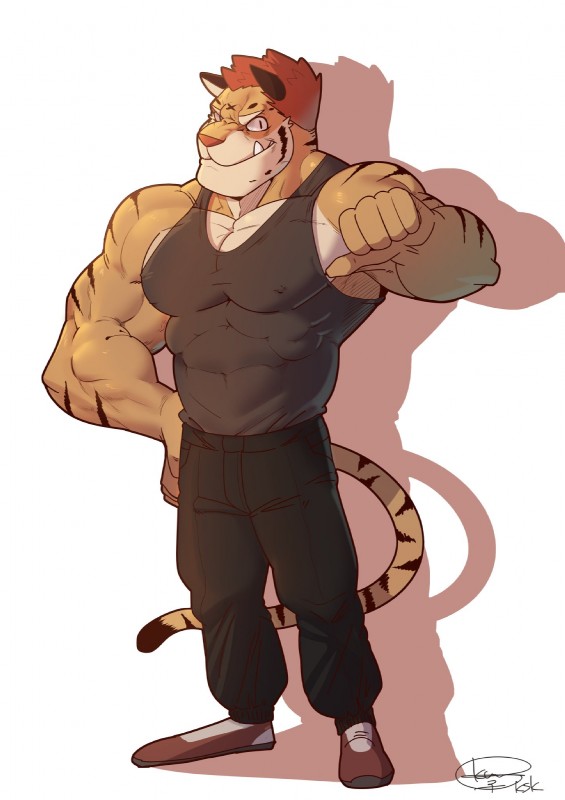 abs anthro biceps big_muscles biped black_stripes bottomwear brown_body brown_fur brown_hair clothed clothing fangs footwear fur hair kemono looking_at_viewer male muscular muscular_anthro muscular_male nipple_outline orange_body orange_fur pants pecs pink_nose red_hair shirt shoes simple_background smile solo standing striped_body striped_fur stripes tan_body tank_top teeth tight_clothing topwear vein white_body white_fur husky_(artist) koreanhusky jeok-ho_maeng felid mammal pantherine tiger hi_res