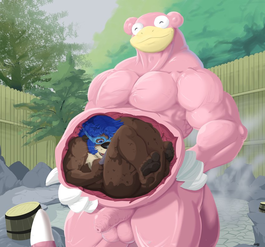 after_vore anthro balls belly big_balls big_belly big_penis blue_eyebrows blue_eyes blue_eyewear blue_goggles blue_hair brown_body brown_fur bucket claws container detailed_background duo eyebrows eyewear feet fence forest forest_background fur genitals goggles hair hot_spring male male/male nature nature_background nude oral_vore penis pink_body plant sauna size_difference steam tail tree vore water wood wood_fence wooden_bucket pandottermon nintendo pokemon generation_1_pokemon mammal mustelid otter pokemon_(species) slowpoke