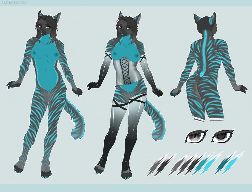 anthro blue_body blue_fur blue_insides breasts clothing corset cyanotic_epithelium female fur grey_eyes latex lingerie looking_at_viewer markings nipples presenting rubber_clothing smile solo striped_markings stripes teasing topwear xngfng95 kess_windpaw felid feline mammal pantherine tiger model_sheet