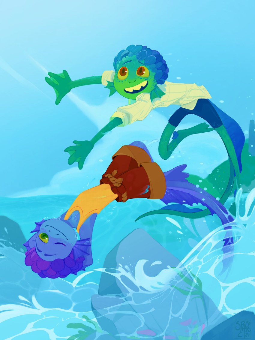 bubble duo male rock sea split_form water wave young spacecat222 disney luca_(pixar) pixar alberto_scorfano luca_paguro humanoid marine merfolk 3:4 hi_res