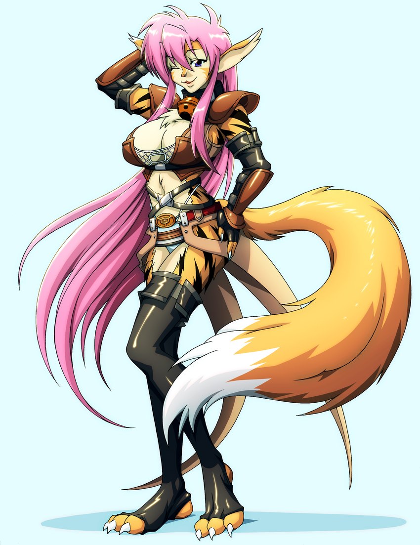 anthro armor bell bell_collar big_breasts blue_eyes breasts claws cleavage clothed clothing collar comtin dipstick_tail female fingerless_gloves gloves hair handwear legwear long_hair markings navel old_design one_eye_closed open_mouth pink_hair pink_nose tail tail_markings thigh_highs tixen wink zoion eiris_key noricragma alfreda_fliss canid canine felid fox hybrid mammal pantherine tiger absurd_res hi_res