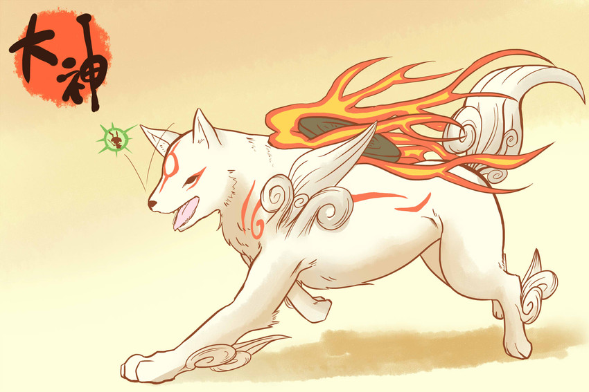 ambiguous_gender black_eyes black_nose duo facial_markings feral fire fur head_markings markings open_mouth paws shadow simple_background teeth walking white_body white_fur hakuginnosora capcom clover_studio okami_(capcom) amaterasu_(okami) issun_(okami) canid canine canis deity mammal poncle wolf hi_res