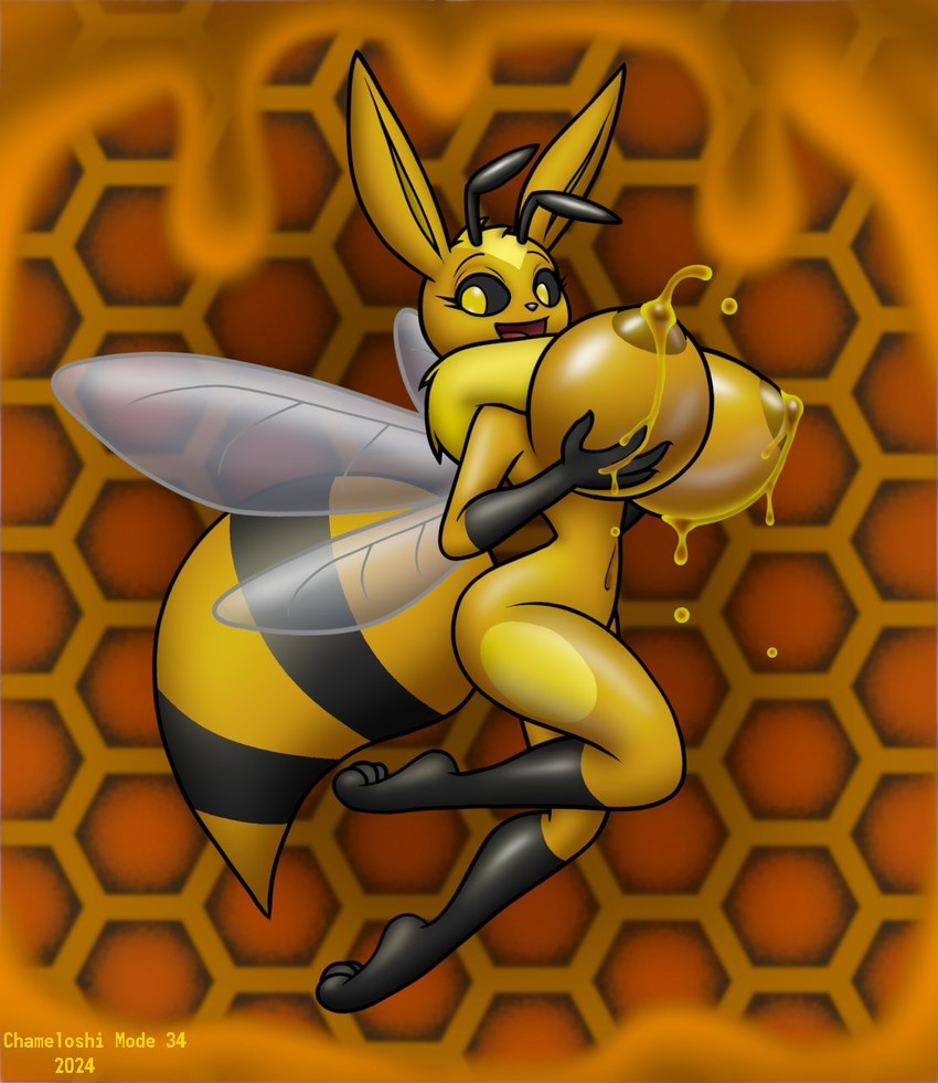 antennae_(anatomy) anthro big_breasts black_sclera bodily_fluids breasts female food honey_(food) honey_drip honey_on_breasts honey_on_nipples honeycomb honeycomb_background huge_breasts lactating lactating_honey looking_at_viewer membrane_(anatomy) membranous_wings navel nude solo thorax unusual_bodily_fluids unusual_lactation wings chameloshi nintendo pokemon arthropod bee eevee generation_1_pokemon hybrid hymenopteran insect pokemon_(species) hi_res