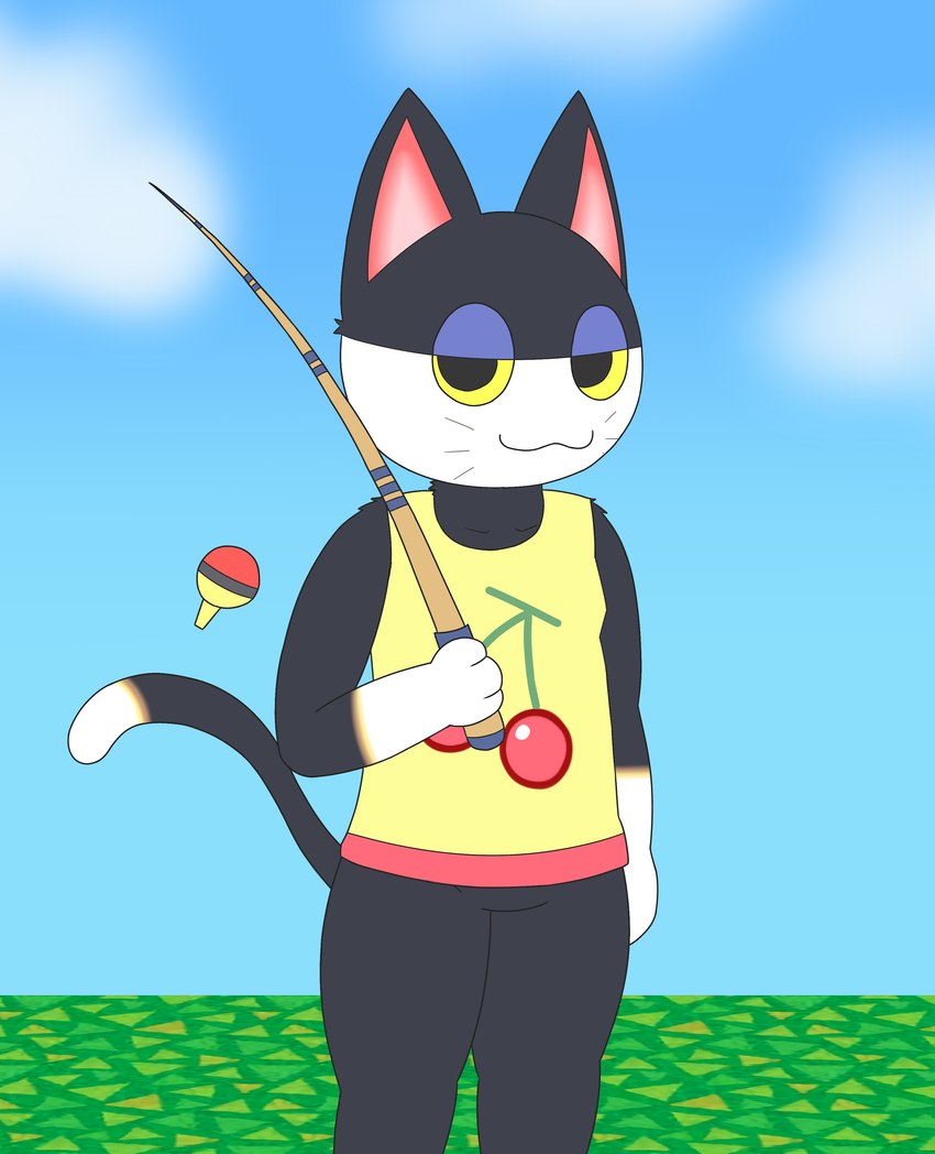 anthro black_body black_fur bottomless clothed clothing cloud dipstick_tail eyeshadow fishing_rod fur looking_at_viewer makeup male markings outside shirt solo tail tail_markings tank_top thick_thighs topwear white_body white_fur yellow_sclera kamek_sans animal_crossing nintendo punchy_(animal_crossing) domestic_cat felid feline felis mammal absurd_res hi_res