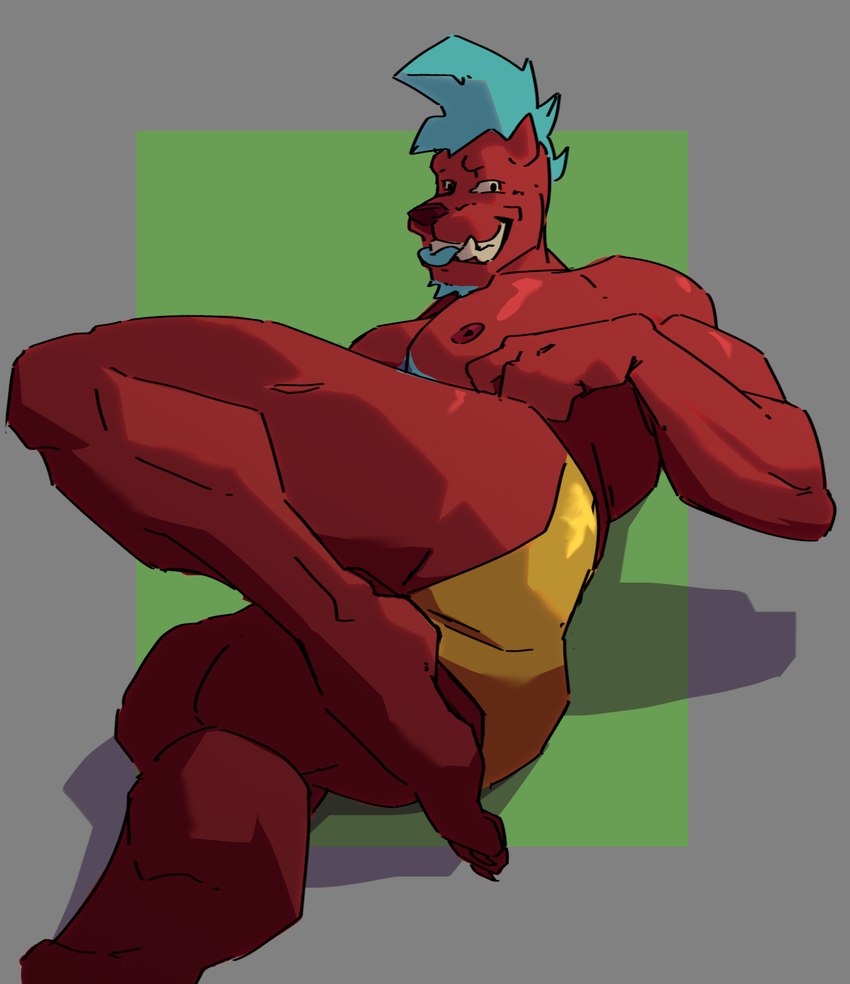 anthro blue_hair bottomwear briefs butt clothed clothing feet flexing fur hair looking_at_viewer male muscular muscular_anthro muscular_male nipples pecs red_body simple_background smile solo teeth toes tongue topless underwear yellow_clothing yellow_underwear veganlettuce mythology taz_(arts_of_indiego) demon humanoid mythological_creature 2024 colored digital_drawing_(artwork) digital_media_(artwork) hi_res shaded