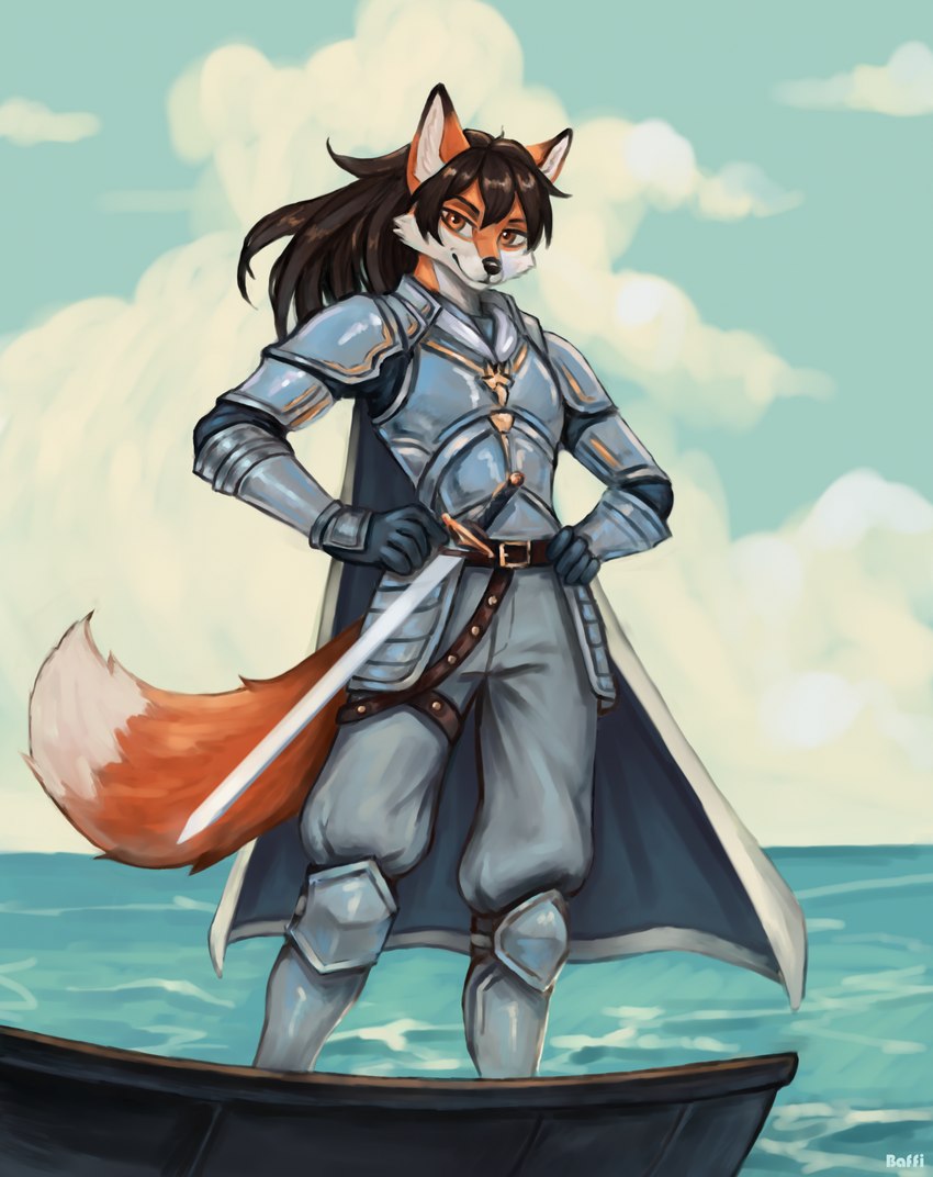 anthro armor belt belt_buckle biped black_hair black_nose boat bottomwear buckle cape cheek_tuft clothed clothing cloud day dipstick_tail facial_tuft fully_clothed fur hair inner_ear_fluff looking_at_viewer markings melee_weapon orange_body orange_eyes orange_fur orange_tail outside pants plate_armor poleyn rerebrace schynbalds sky smile solo spaulder standing sword tail tail_markings tassets tuft vambrace vehicle water watercraft weapon white_body white_fur white_tail lora_mclaren canid canine fox mammal 2024 hi_res signature