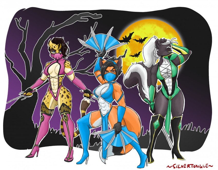 abs anthro female group melee_weapon muscular muscular_female sword trio weapon silvertongue_(artist) jade_(mortal_kombat) kitana mileena rosaline_(bronx23) sonya_mayers trinity_barnett canid canine cheetah felid feline fox mammal mephitid red_fox skunk true_fox