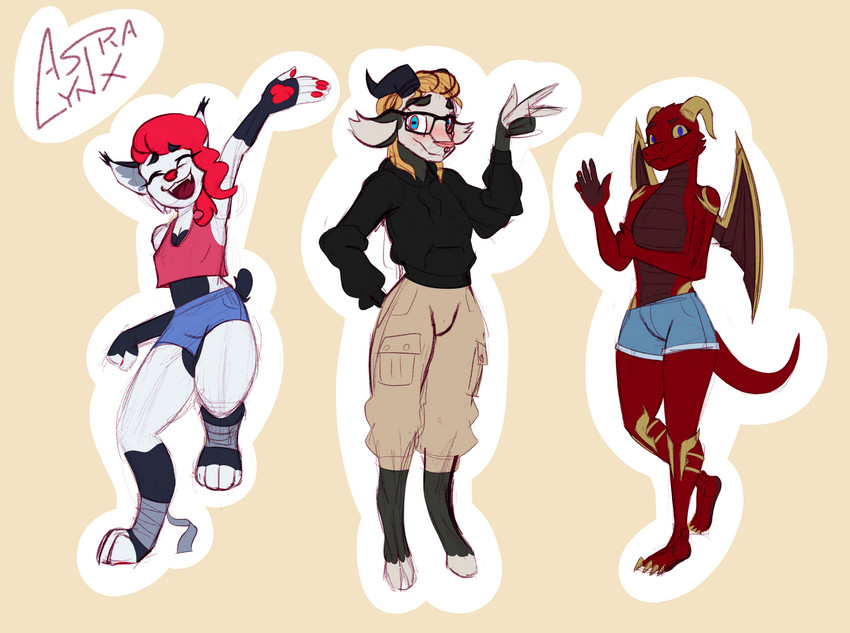 anthro clothed clothing female group male tail astralynx mythology bovid caprine dragon felid feline goat lynx mammal mythological_creature mythological_scalie scalie astra_(disambiguation) absurd_res hi_res sketch