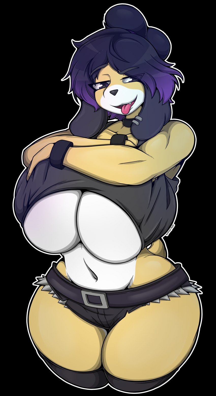 alternative_fashion anthro big_breasts bottomwear breasts clothed clothing female goth hair purple_hair raised_clothing raised_shirt raised_topwear shirt shorts solo topwear yellow_eyes zak_hitsuji animal_crossing nintendo gothabelle isabelle_(animal_crossing) canid canine canis domestic_dog mammal absurd_res alpha_channel hi_res