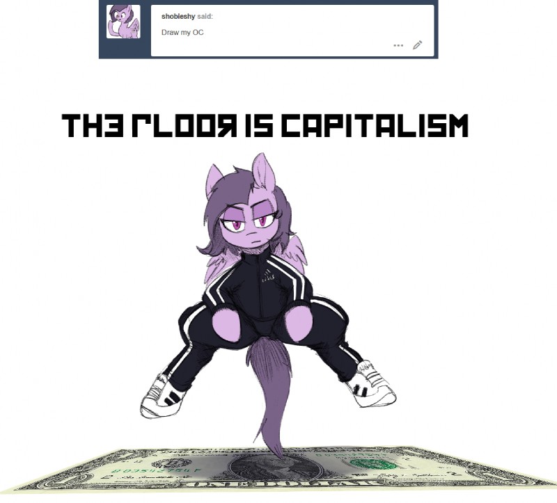 ask_blog banknote capitalism caption cheeki_breeki clothing crouching female humor looking_at_viewer message money purple_eyes russian slav slav_squat slavic_squat solo text tracksuit user_avatar user_message username wings replica_(artist) hasbro my_little_pony mythology tumblr fan_character equid equine mammal mythological_creature mythological_equine pegasus 2017 english_text