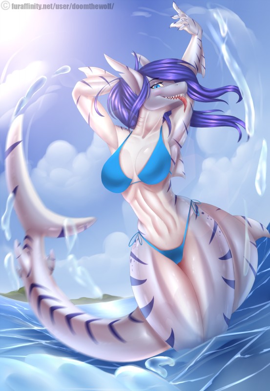 5_fingers anthro bikini biped blue_eyes blue_hair breasts camel_toe cleavage clothed clothing copyright_symbol detailed_background eyebrows eyelashes female fingers hair hand_behind_head legs_in_water looking_at_viewer midriff navel non-mammal_breasts notched_ear partially_submerged raised_arm skimpy sky solo standing standing_in_water stripes submerged_legs swimwear symbol text thick_thighs tongue tongue_out two-piece_swimsuit water doomthewolf sally_(doomthewolf) fish marine shark 2015 absurd_res hi_res url