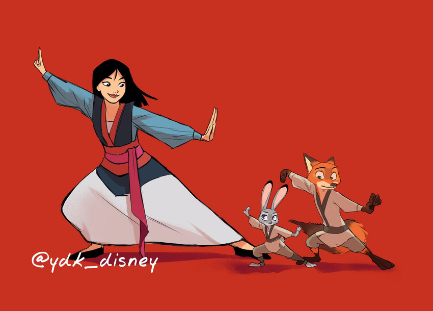 action_pose anthro black_hair clothed clothing female fully_clothed fur grey_body grey_fur group hair long_ears long_hair male orange_body orange_fur pose red_background simple_background smile ydk1226 disney mulan_(1998) zootopia fa_mulan_(disney) judy_hopps nick_wilde canid canine fox human lagomorph leporid mammal rabbit red_fox true_fox 2020 crossover hi_res signature