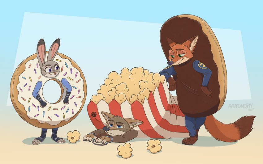 anthro clothing costume criminal cuff_(restraint) dessert doughnut eclair female food food_costume group handcuffs male metal_cuffs pastry police popcorn restraints trio aar0njay disney zootopia judy_hopps nick_wilde canid canine canis coyote fox lagomorph leporid mammal rabbit red_fox true_fox 2024 hi_res signature