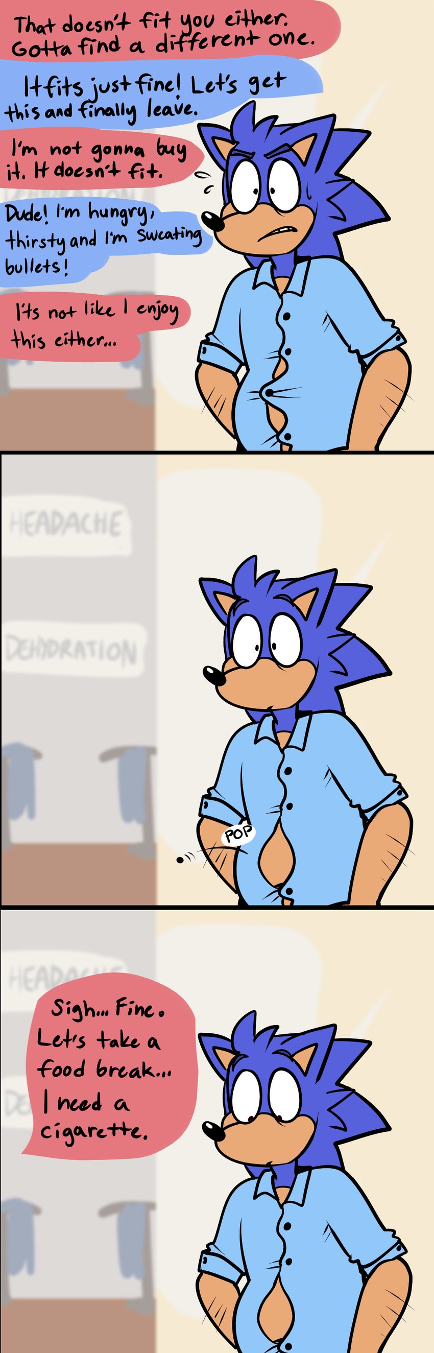 3_panel_comic anthro arm_hair bent_arm black_nose blue_body blue_dress_shirt blue_eyebrows blue_fur bodily_fluids body_hair button_(fastener) button_pop clothed clothed_anthro clothed_male clothing clothing_rack dialogue eyebrows fur inside male male_anthro offscreen_character offscreen_male onomatopoeia sigh solo sound_effects standing sweat sweatdrop talking_to_another tan_body tan_inner_ear tan_skin text tight_dress_shirt wall_(structure) wardrobe_malfunction yelling yellow_wall beastofeuthanasia sega sonic_the_hedgehog_(series) sonic_the_hedgehog eulipotyphlan hedgehog mammal 2024 absurd_res comic digital_media_(artwork) english_description english_text flat_colors hi_res