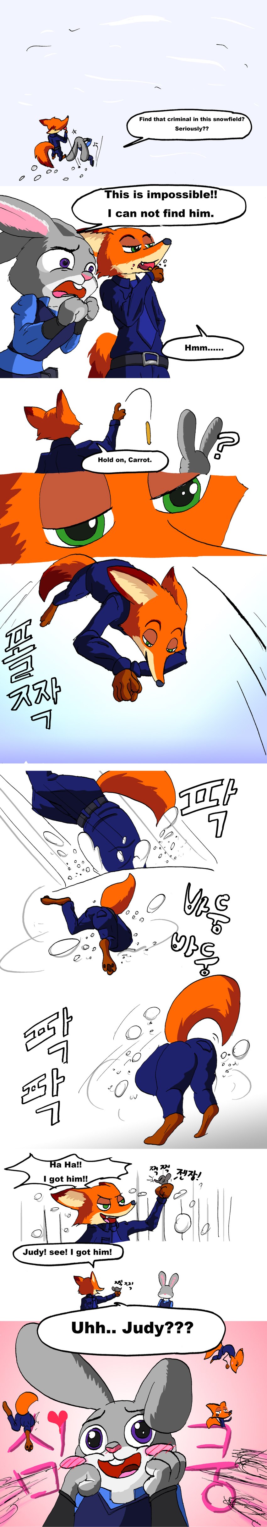 blush female korean snow speech_bubble text punkydreamer disney zootopia judy_hopps nick_wilde canid canine fox lagomorph leporid mammal rabbit red_fox true_fox absurd_res comic english_text hi_res korean_text long_image tall_image