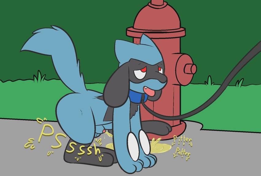 animal_genitalia anthro balls big_ears black_body black_fur blue_balls blue_body blue_fur blue_sheath bodily_fluids breath bursting collar crouching cute_fangs desperation fangs feet fire_hydrant fluffy fluffy_tail fur genital_fluids genitals gesture grass happy hindpaw long_ears male omorashi onomatopoeia open_mouth open_smile outside paws peeing peeing_on_fire_hydrant penis penis_tip plant practice public_urination red_eyes relaxing relieved sheath smile solo sound_effects standing_in_urine surprise tail teeth text tired urine urine_drip urine_pool urine_stain urine_stream walking wet wetting ritzcat nintendo pokemon canid canine canis domestic_dog generation_4_pokemon mammal pokemon_(species) riolu 2021 english_text hi_res