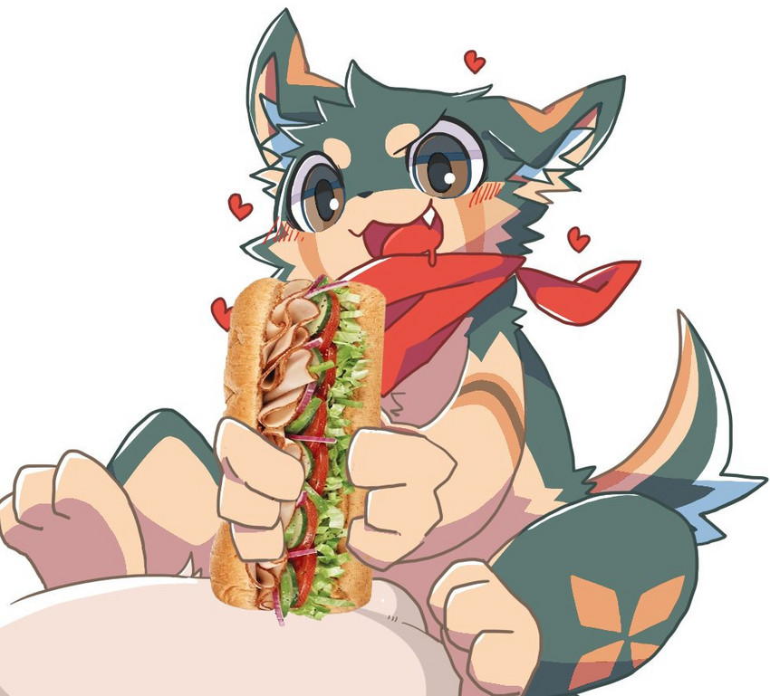 anthro blush duo food food_censorship food_fetish food_play heart_symbol male male/male sandwich_(food) scarf simple_background young young_anthro bl_s21 shin. subway_(restaurant) izuna_(shin.) canid canine canis domestic_dog mammal censored