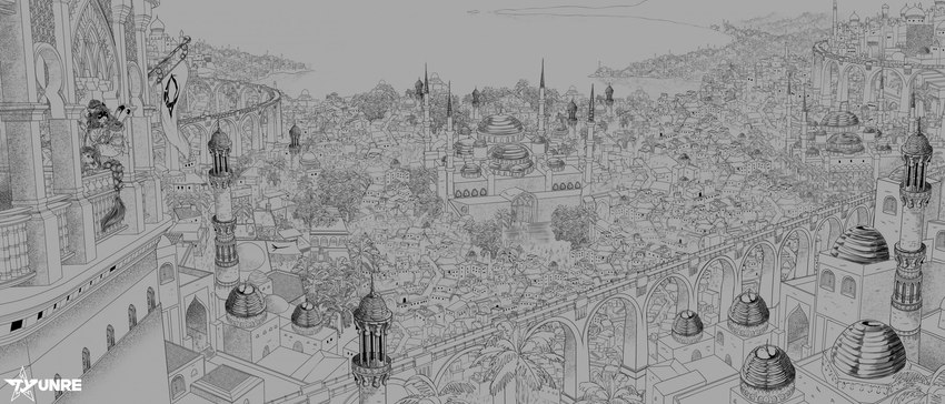 banner building city cityscape clothing costume detailed_background duo female house landscape mosque perspective tower tyunre albe_(tyunre) fohn_ombrelune felid mammal murid murine pantherine rat rodent black_and_white hi_res line_art monochrome shaded shaded_line_art