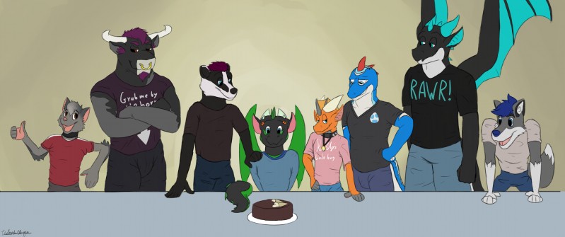 anthro blue_eyes cake clothing collar dessert food fur group hair horn male membrane_(anatomy) membranous_wings open_mouth panicking size_difference snout spikes tail tongue wings thejoyfuldragon mythology felix_joyful foofie_(character) kaze lizeron robb yoshakos zexyren badger bovid bovine canid canine canis cattle domestic_cat dragon felid feline felis kobold mammal mustelid musteline mythological_creature mythological_scalie scalie wolf tag_(disambiguation) absurd_res hi_res