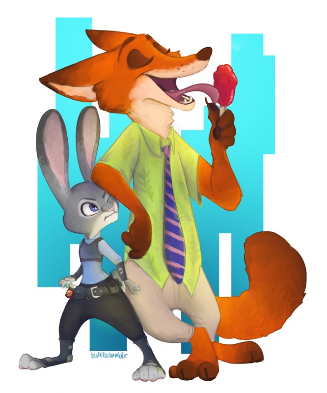 anthro belt bottomwear brown_body brown_fur brown_nose clothed clothing duo eyes_closed female food fur green_clothing green_shirt green_topwear grey_body grey_fur holding_food holding_object holding_popsicle leaning licking licking_food licking_popsicle male necktie one_eye_closed orange_body orange_fur pants pawpsicle pink_inner_ear pink_nose plantigrade popsicle purple_eyes shirt simple_background standing tail teeth tongue tongue_out topwear bufflo disney zootopia judy_hopps nick_wilde canid canine fox lagomorph leporid mammal rabbit red_fox true_fox 2016 5:6 digital_media_(artwork) digital_painting_(artwork) hi_res painting_(artwork) signature