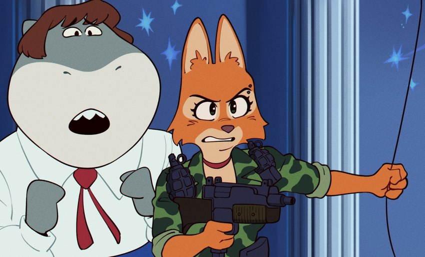 anthro clothing countershading duo explosives eyebrow_piercing facial_piercing female grenade gun male military military_uniform necktie piercing ranged_weapon uniform weapon unseriousguy dreamworks lupin_iii the_bad_guys diane_foxington mr._shark_(the_bad_guys) canid canine fish fox mammal marine shark crossover