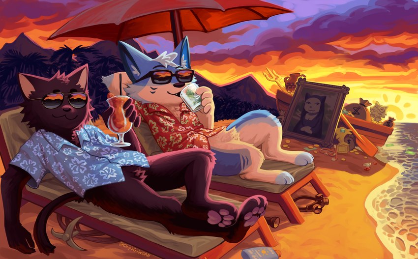 4_toes 5_fingers :3 aloha_shirt alternate_species amphora anthro award bag barefoot beach beach_chair beverage black_body black_fur black_nose blue_body blue_clothing blue_fur blue_shirt blue_topwear boat bottomless bust_statue clothed clothing cloud coin crossed_arms crotch_tuft diamond_(gem) drinking drinking_straw duo eyebrows eyewear fangs featureless_crotch feet fingers fur furrification gem gold_(metal) gold_coin grey_pawpads hand_behind_head holding_glass holding_object inner_ear_fluff lamp lantern light lying lying_on_chair male melee_weapon money_bag mostly_nude mountain multicolored_body multicolored_fur oar open_mouth paint palm_tree parasol pattern_clothing pattern_shirt pattern_topwear pawpads plant polearm print_clothing print_shirt print_topwear red_clothing red_shirt red_topwear rope sand sea shirt shirt_only sky sun sunbathing sunglasses sunlight sunscreen sunset teeth thief toes topwear topwear_only tree trident trophy tuft two_tone_body two_tone_fur vehicle water watercraft weapon white_body white_fur white_inner_ear_fluff chipsgowoah mona_lisa_(painting) canid canine canis domestic_cat domestic_dog felid feline felis mammal 2023 colored hi_res lighting shaded signature