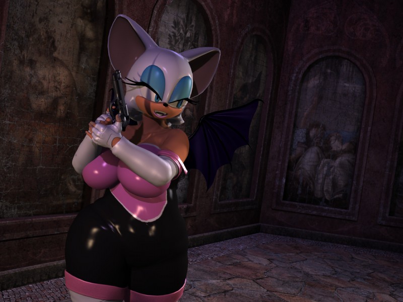 anthro big_breasts black_nose blue_eyes boots breasts clothed clothing female fingerless_gloves footwear fur gloves gun hair handwear inside latex legwear lips makeup pink_lips ranged_weapon shoes solo standing thick_thighs thigh_boots thigh_highs weapon white_body white_fur white_hair wide_hipped_female wide_hips wings blx24 sega sonic_the_hedgehog_(series) rouge_the_bat bat mammal 2016 3d_(artwork) 4:3 digital_media_(artwork) hi_res