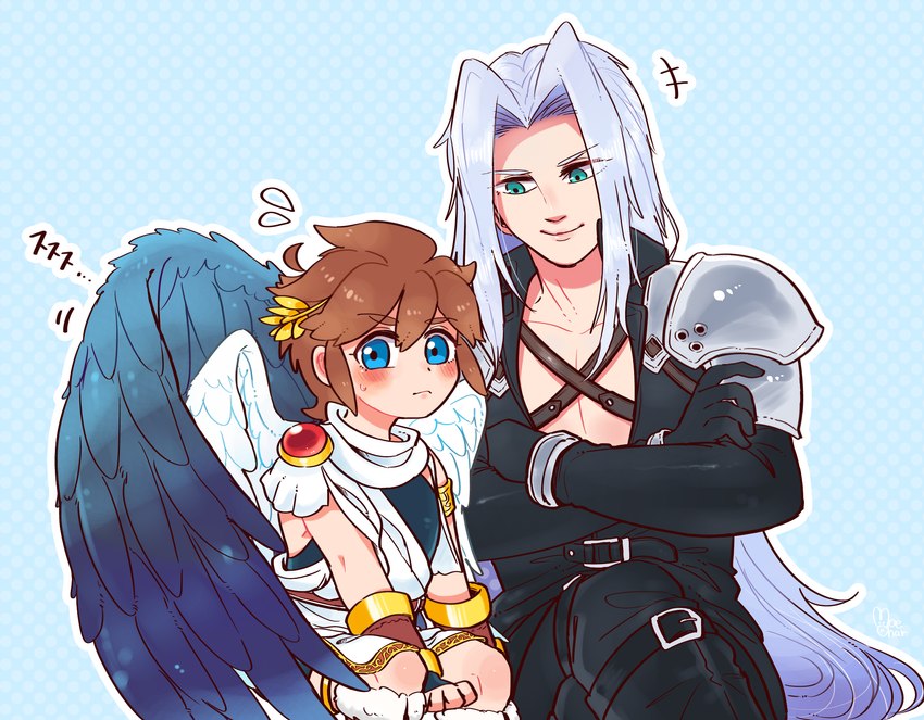 age_difference blue_eyes blush brown_hair clothing crossed_arms duo feathered_wings feathers green_eyes grey_hair hair light_body light_skin long_hair looking_at_viewer male not_furry older_male simple_background sitting smile wings younger_male butanchu0426 final_fantasy final_fantasy_vii kid_icarus nintendo square_enix pit_(kid_icarus) sephiroth_(final_fantasy_vii) angel humanoid winged_humanoid crossover hi_res