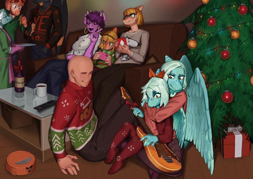 5_fingers amber_eyes anthro apron bald beverage biped blonde_hair blue_body blue_scales bone_frill bottomwear bow_ribbon breasts brown_body brown_eyes brown_scales canon_couple celebration cellphone christmas_tree clothed clothed_anthro clothed_female clothed_human clothed_male clothing coffee coffee_mug coffee_table controller cookie ear_piercing ear_ring eating electric_guitar electronics eyebrow_through_hair eyebrows eyes_closed eyewear facial_horn feathered_wings feathers female fingers food frill_(anatomy) furniture gesture gift glasses green_eyes grey_body grey_feathers grey_hair group guitar hair hand_gesture happy holding_cellphone holding_object holding_phone holding_smartphone holidays hoop_ear_ring horn humanoid_hands inside living_room long_hair looking_at_another male markings medium_hair multicolored_body multicolored_scales musical_instrument non-mammal_breasts orange_body orange_hair orange_scales pants phone piercing pink_body pink_scales plant plucked_string_instrument pointing purple_body purple_eyes purple_hair purple_scales remote_control ring_piercing round_glasses scales short_hair sitting smartphone smile sofa standing string_instrument striped_markings stripes sweater tan_body tan_scales topwear translucent translucent_hair tree two_tone_body two_tone_scales wine_bottle wings young young_anthro young_female mark0_01 cavemanon_studios christmas goodbye_volcano_high snoot_game amber_(snoot_game) anon_(snoot_game) fang_(gvh) melissa_(snoot_game) metal_gear_raymba naomi_(gvh) naser_(gvh) reed_(gvh) samantha_(snoot_game) trish_(gvh) ceratopsian dinosaur dromaeosaurid hadrosaurid human mammal ornithischian ornithopod parasaurolophus prehistoric_species pterodactylus pterosaur reptile scalie theropod triceratops velociraptor 2024 absurd_res colored hi_res daughter_(lore) father_(lore) father_and_child_(lore) father_and_daughter_(lore) mother_(lore) mother_and_child_(lore) mother_and_daughter_(lore) parent_(lore) parent_and_child_(lore) parent_and_daughter_(lore)