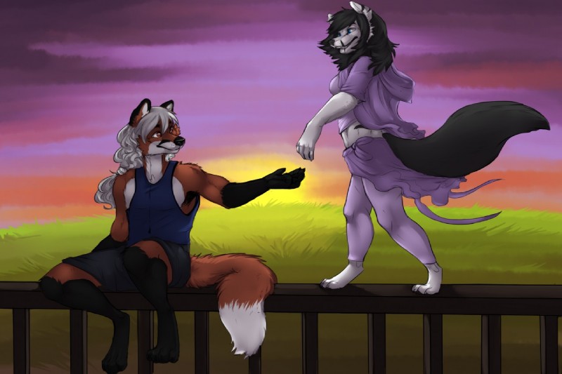 anthro bottomwear clothing duo female grass happy hoodie male plant rail shirt shorts smile sunset topwear shapeshifterprincess jazmine_wolfe canid canine canis fox mammal red_fox true_fox